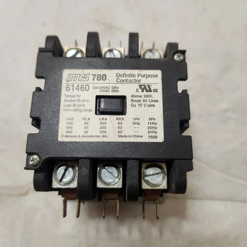 Mars 780 61460 Definite Purpose Contactor 50A 600 Volt 3 Pole Coil 24VAC 50/60Hz